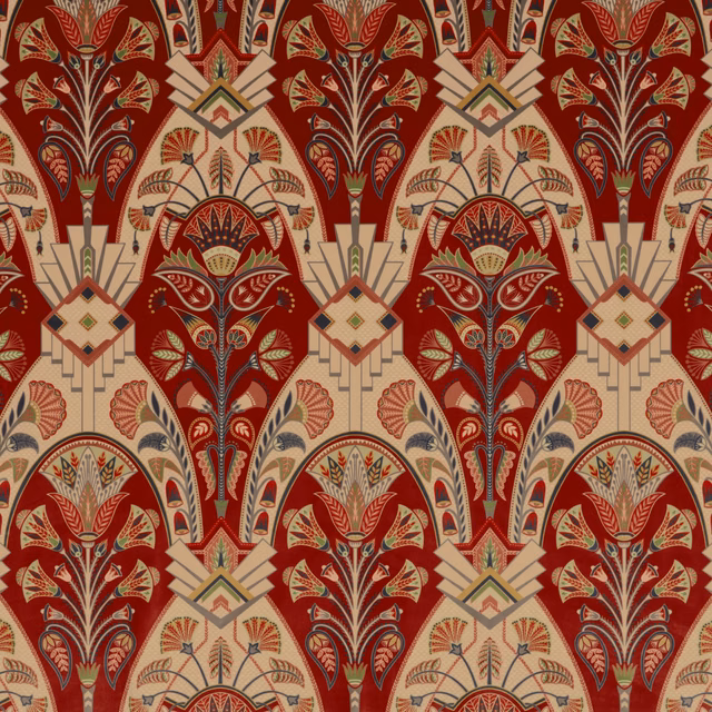 Large-scale red and cream damask-style fabric with botanical motifs and repeating arches