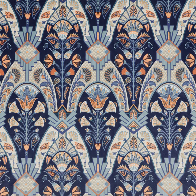 Art-deco patterned fabric with navy arches, pale blue outlines and peach accents