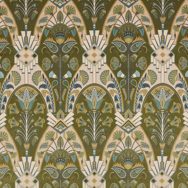 Large-scale geometric fabric print in moss olive, cream and teal with decorative arches
