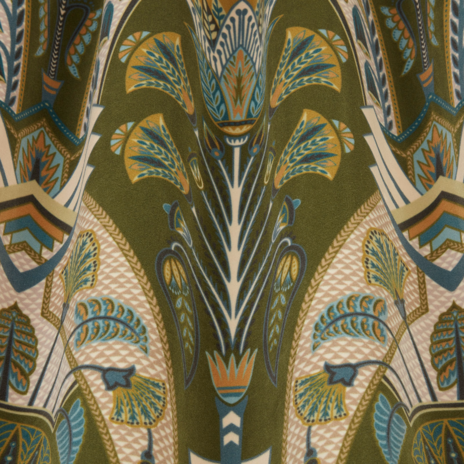 Olive moss patterned fabric with teal, gold and ivory feather motifs