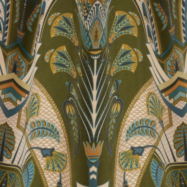 Olive moss patterned fabric with teal, gold and ivory feather motifs