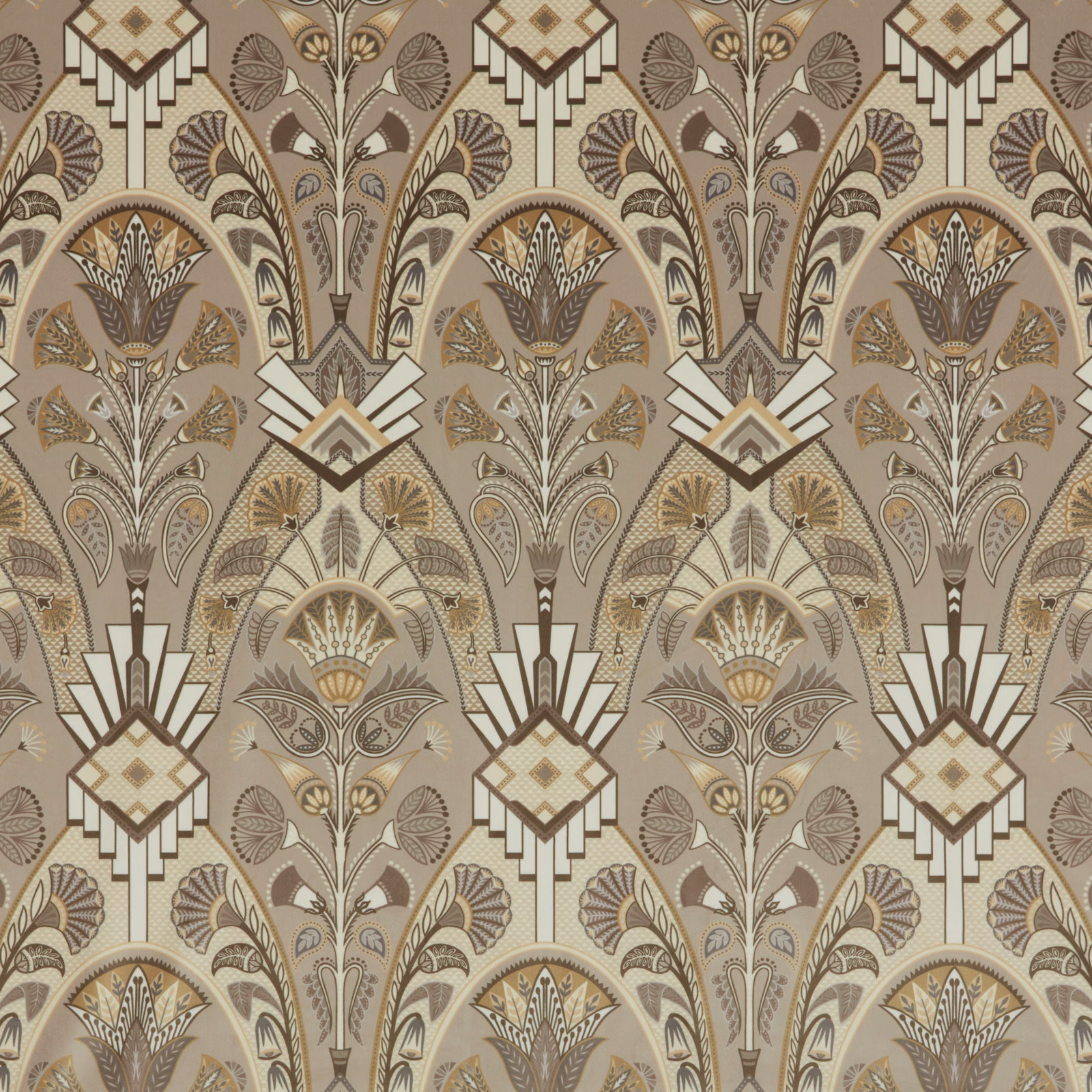 Opal beige Art Deco floral fabric with taupe, cream and gold-brown detailing