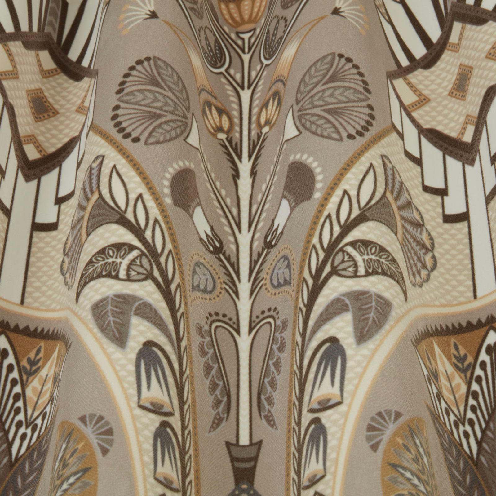 Botanical damask fabric in taupe, cream and muted gold with a smooth woven finish