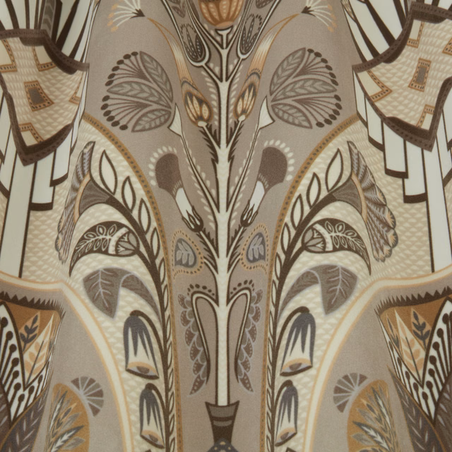 Botanical damask fabric in taupe, cream and muted gold with a smooth woven finish