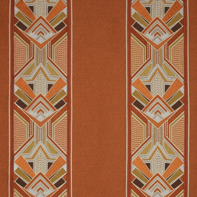 Amber geometric fabric with striped border panels and a plain central band