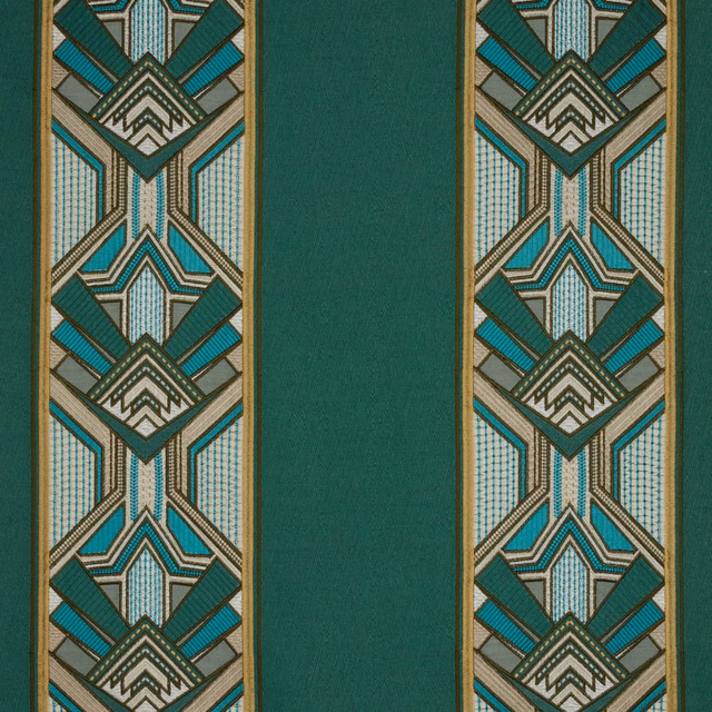 Emerald green fabric swatch with geometric teal and ivory Art Deco borders