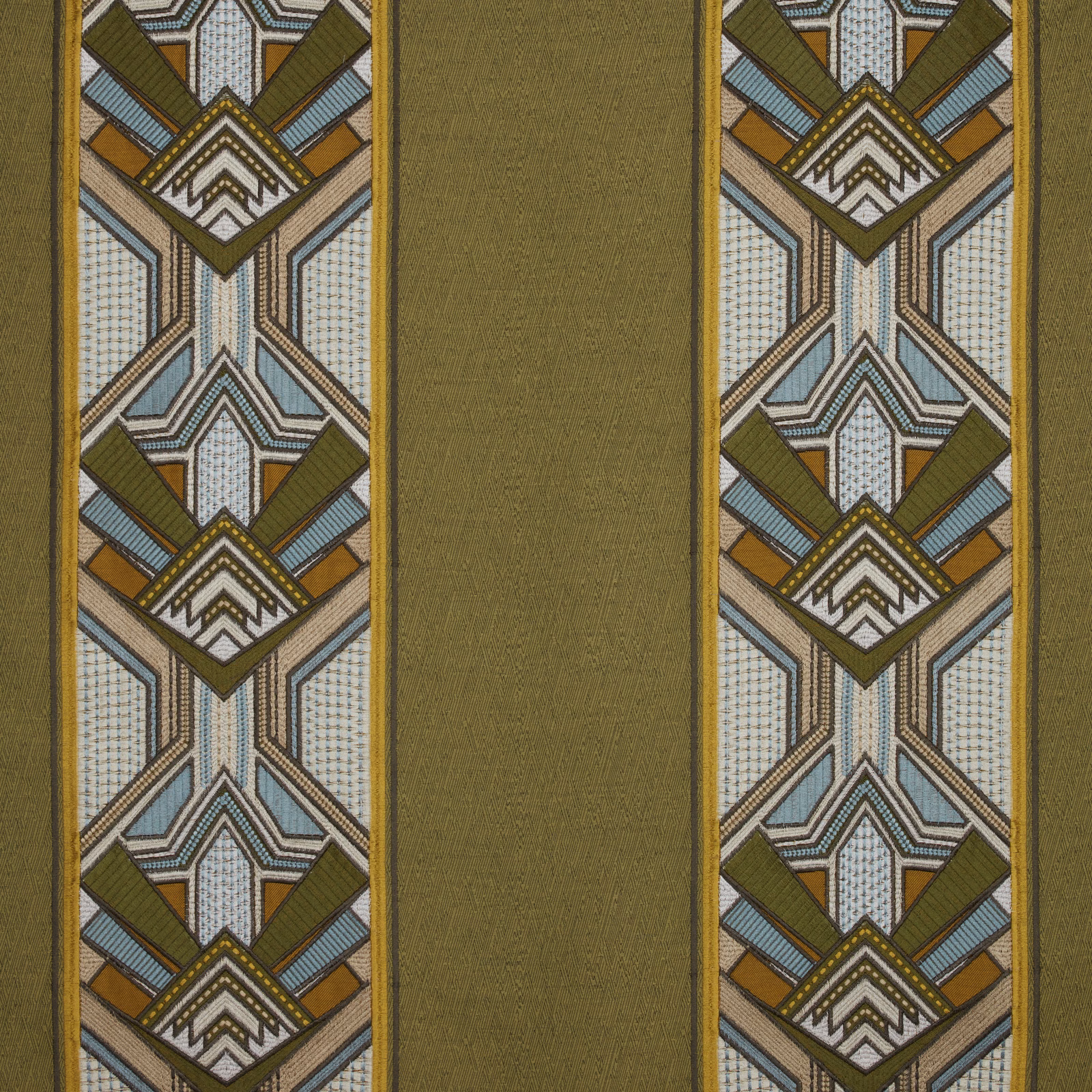 Olive moss fabric with geometric patterned stripes and plain central panel