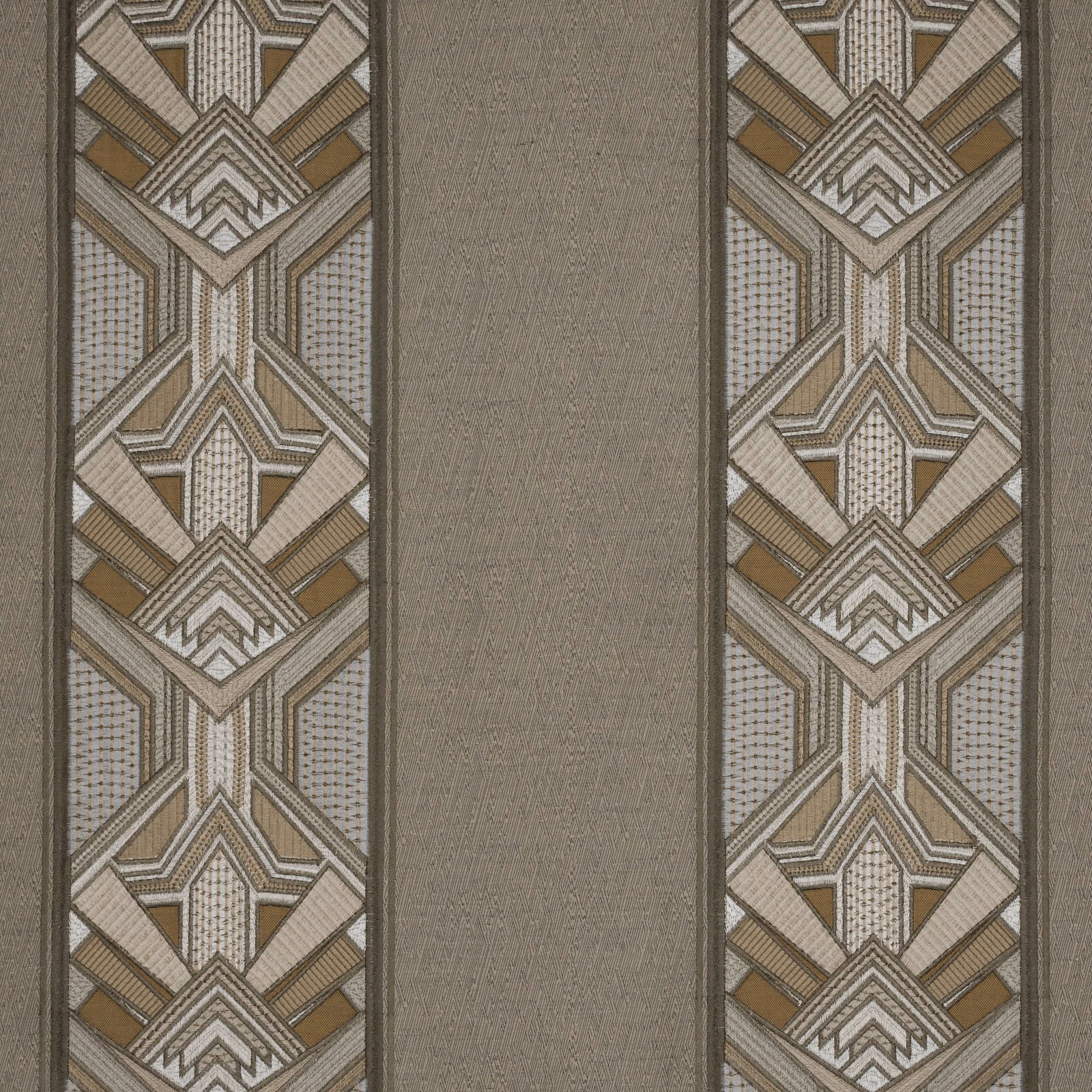 Taupe geometric fabric with opal and gold Art Deco border motifs