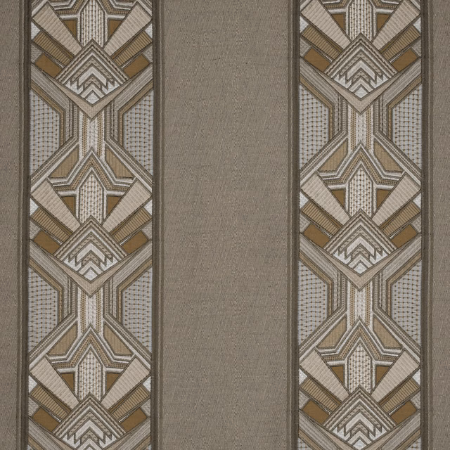 Taupe geometric fabric with opal and gold Art Deco border motifs