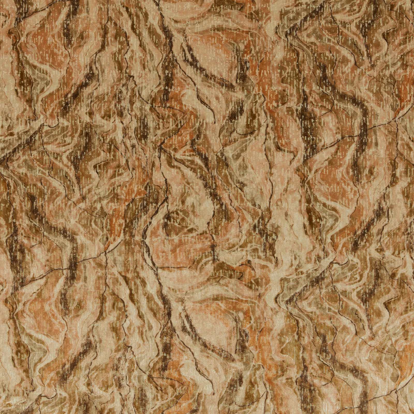 Abstract amber and terracotta fabric with pale cream highlights and dark sketchy lines