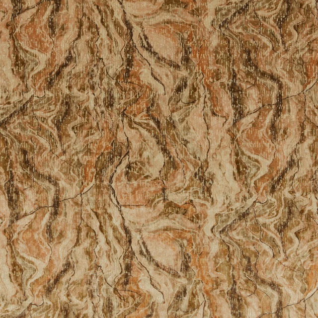 Abstract amber and terracotta fabric with pale cream highlights and dark sketchy lines