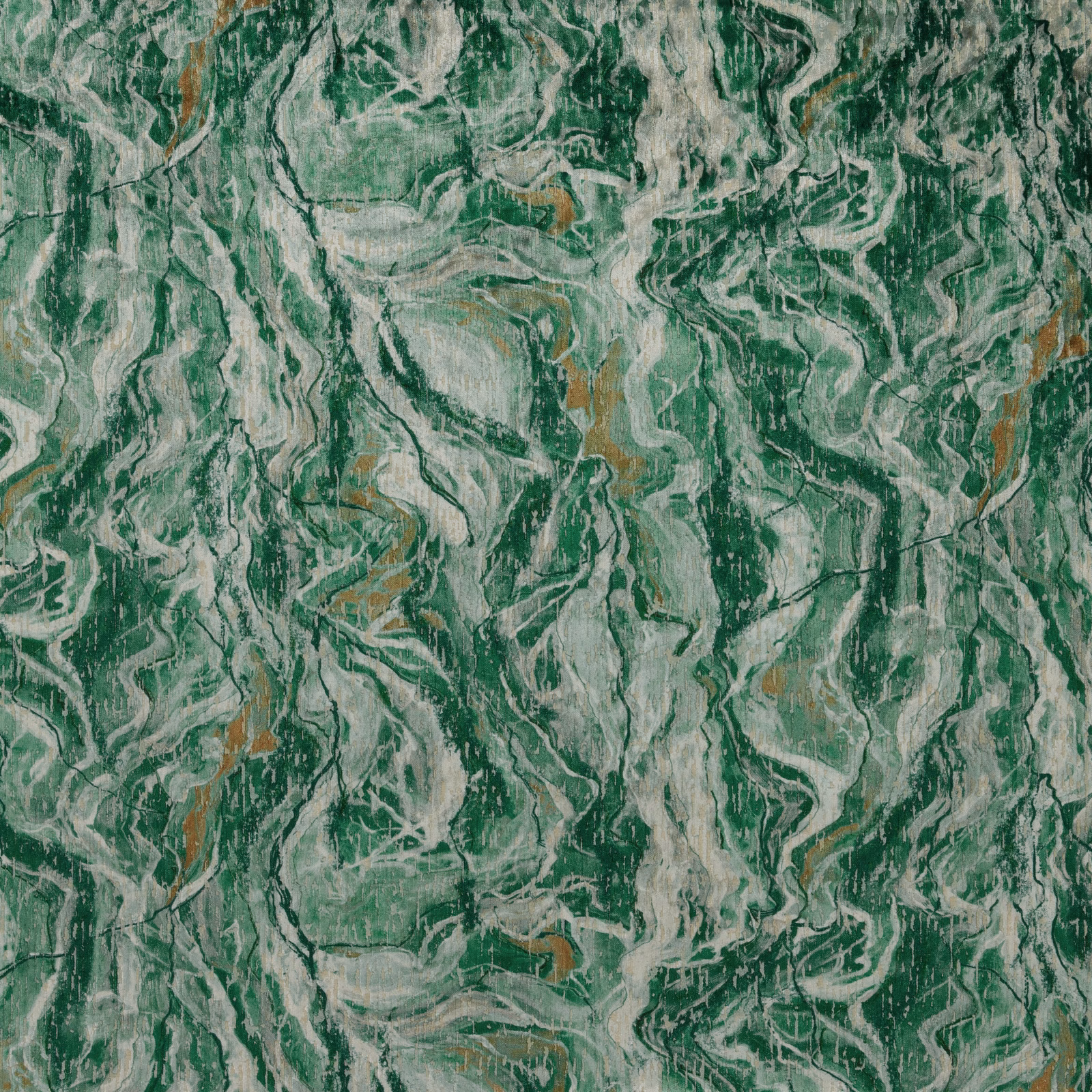 Abstract emerald green marbled fabric with pale ivory and ochre streaks