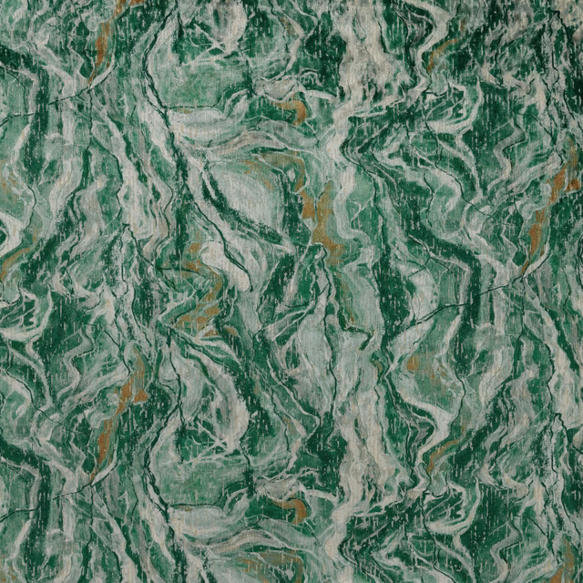 Abstract emerald green marbled fabric with pale ivory and ochre streaks