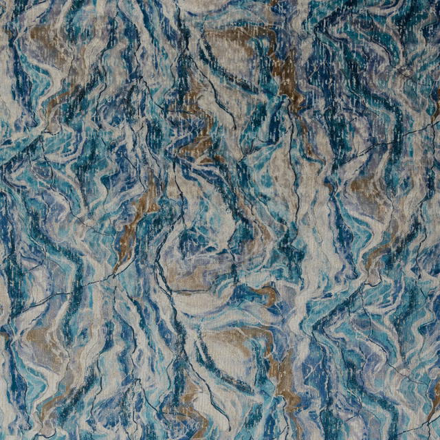 Abstract aqua, teal and silver-grey fabric with fluid marbled stripes