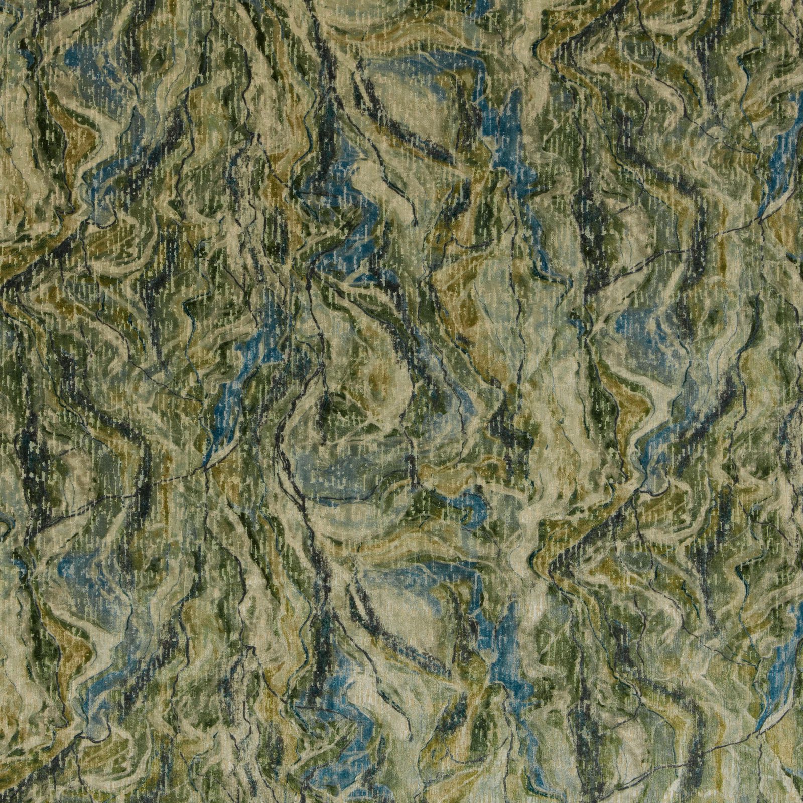 Abstract moss green and blue patterned fabric swatch with layered textured weave