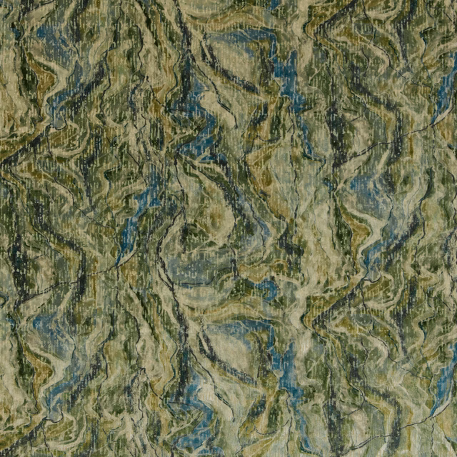 Abstract moss green and blue patterned fabric swatch with layered textured weave