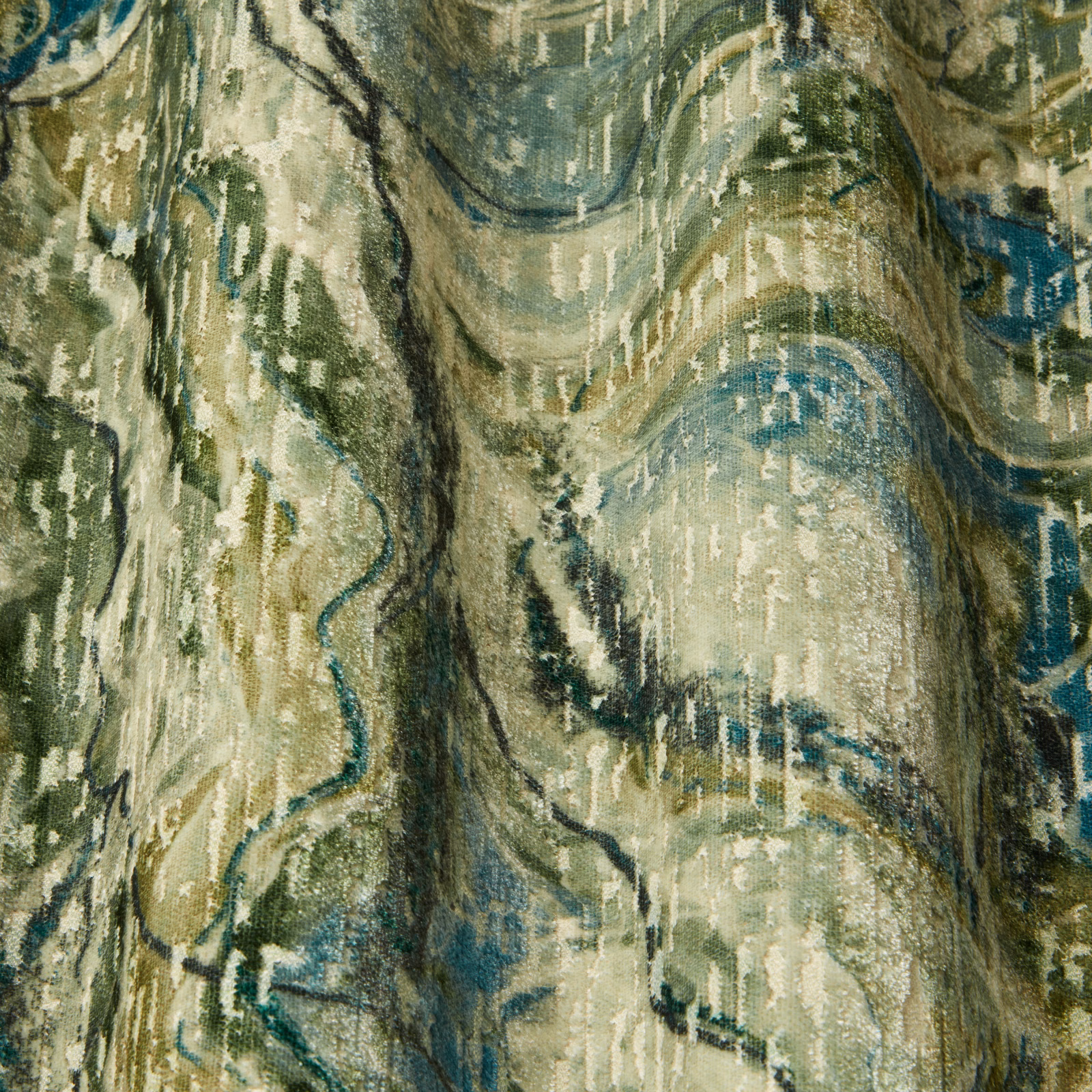 Abstract moss green and teal wavy fabric with painterly textured stripes