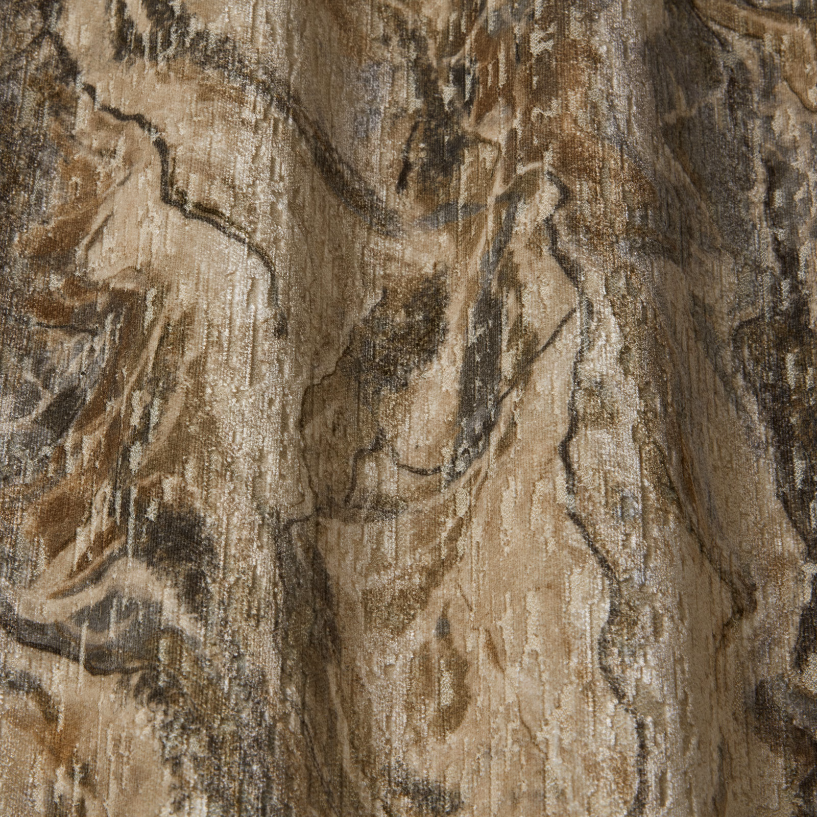 Abstract opal taupe fabric with smoky brown and charcoal wavy streaks