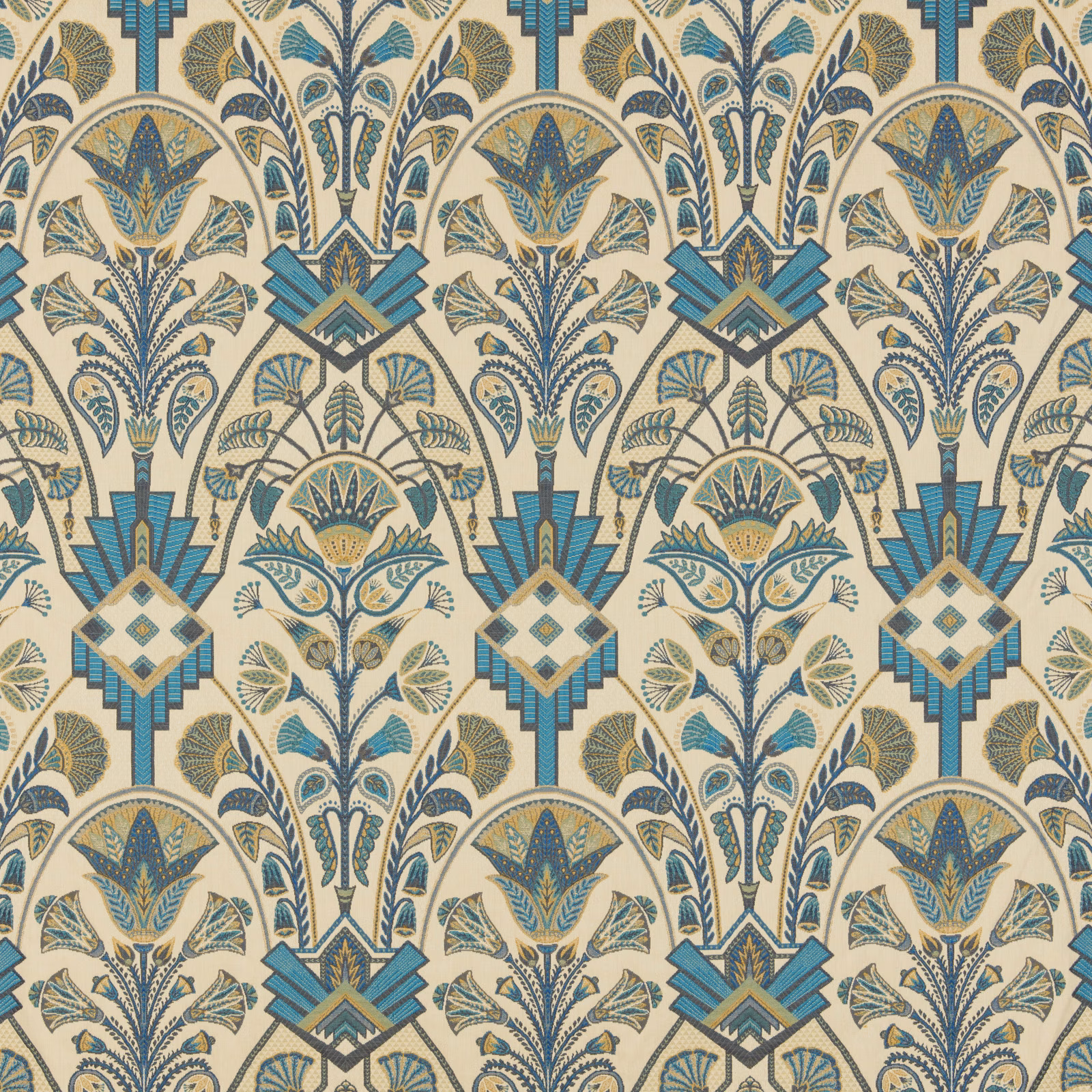 Art Deco-style floral and geometric fabric in teal, moss and gold on a cream ground