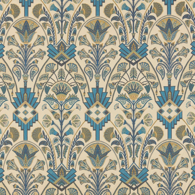 Art Deco-style floral and geometric fabric in teal, moss and gold on a cream ground