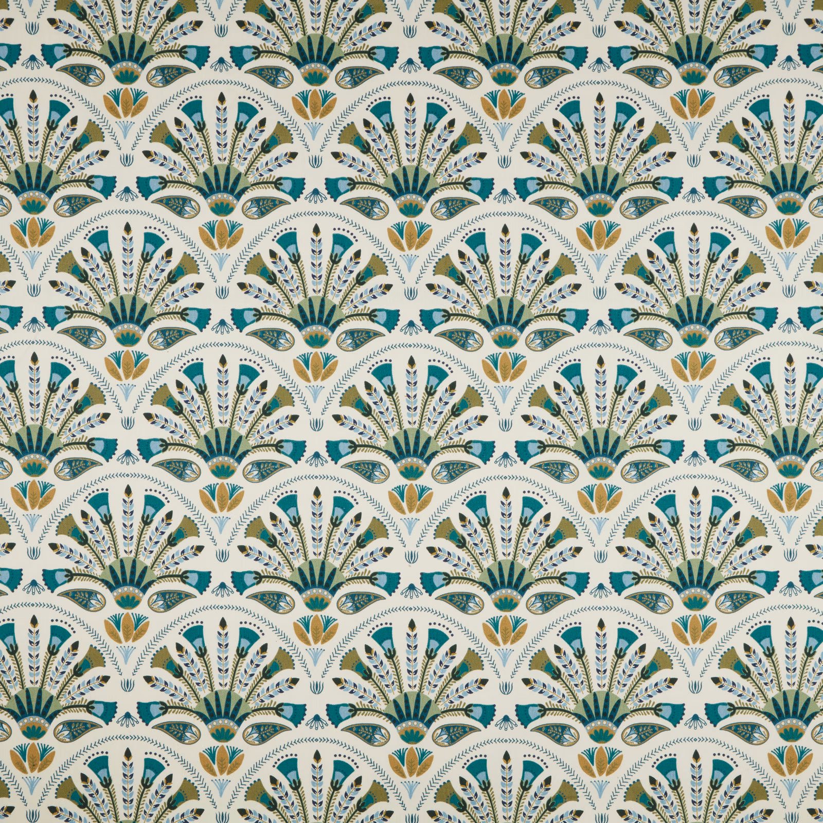 Emerald teal and gold fan motif on a pale ground, repeating decorative fabric