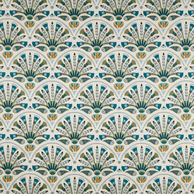 Emerald teal and gold fan motif on a pale ground, repeating decorative fabric
