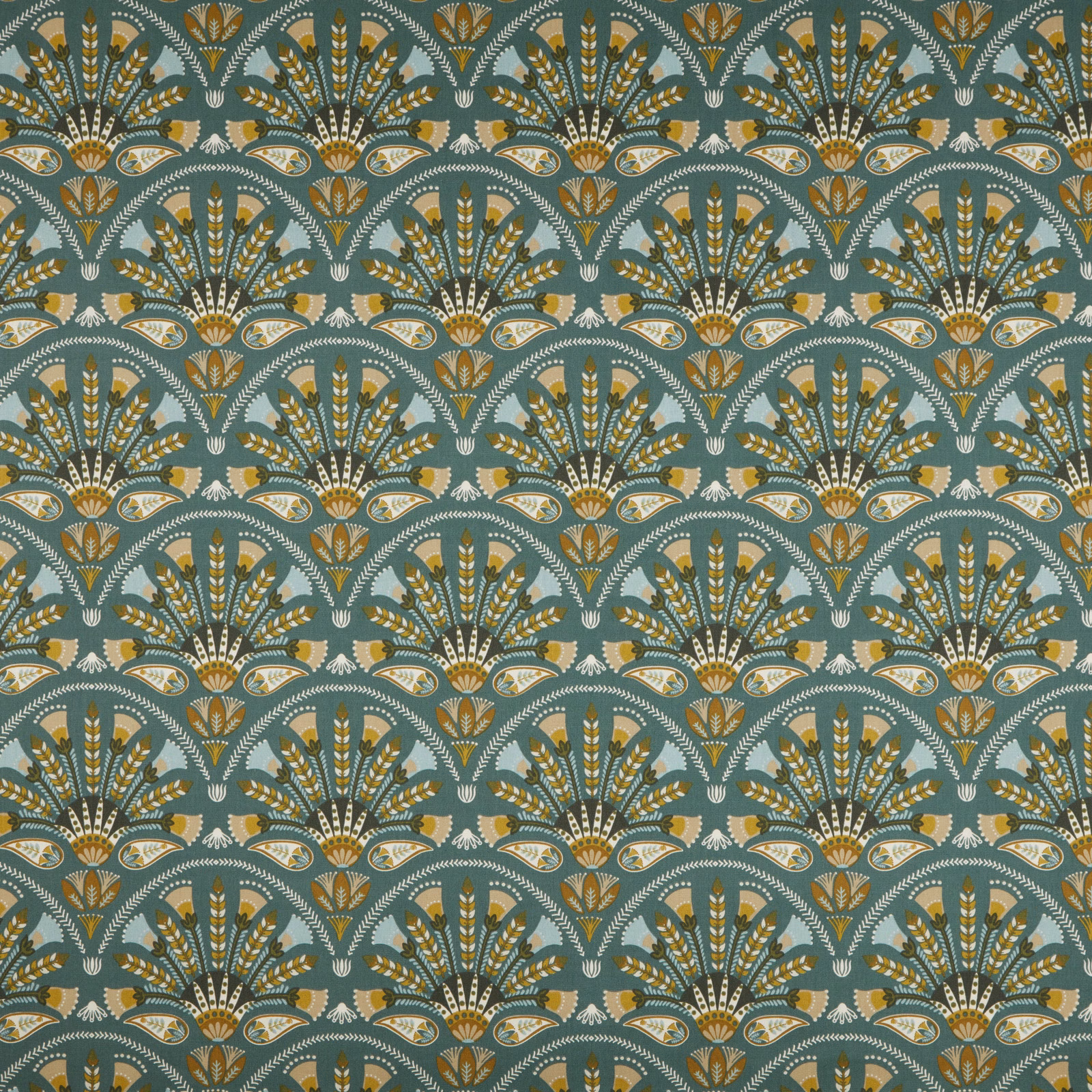 Moss green patterned fabric with scalloped fan motifs in ochre, cream and teal