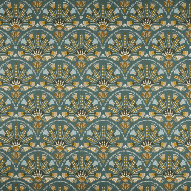 Moss green patterned fabric with scalloped fan motifs in ochre, cream and teal