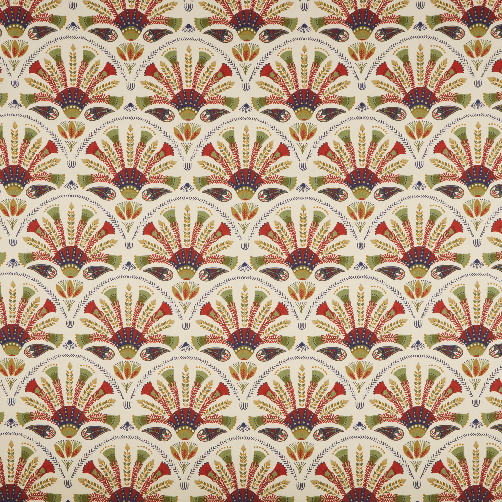 Ornate olive, red and navy fan motif on a cream decorative fabric