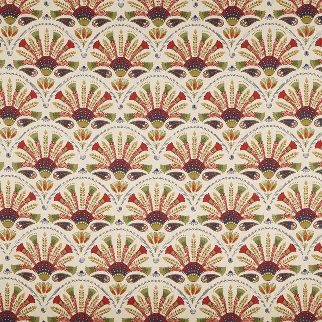 Ornate olive, red and navy fan motif on a cream decorative fabric