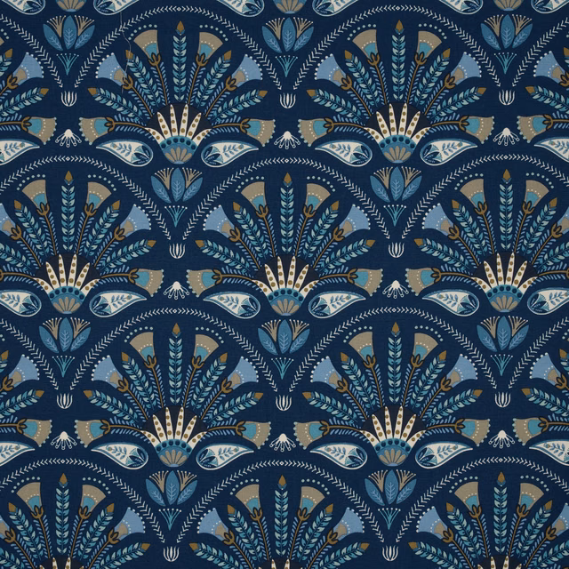 Deep sapphire blue patterned fabric with stylised floral fan motifs in cream, teal and pale blue