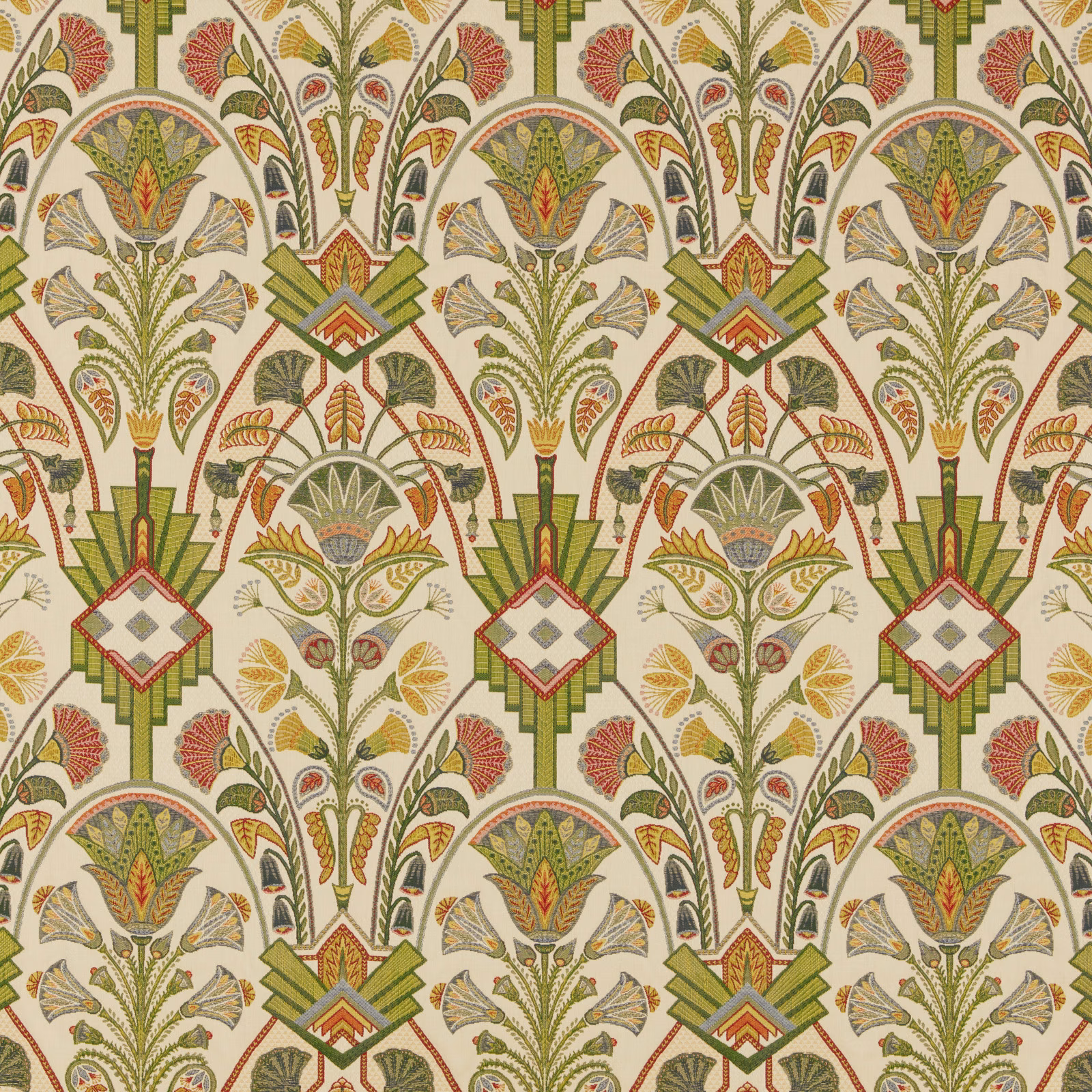 Olive botanical fabric with geometric diamond motifs and warm accent colours