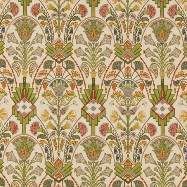 Olive botanical fabric with geometric diamond motifs and warm accent colours
