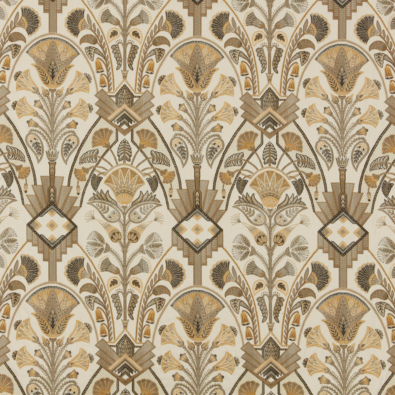Opal beige patterned fabric with gold and taupe Art Deco motifs