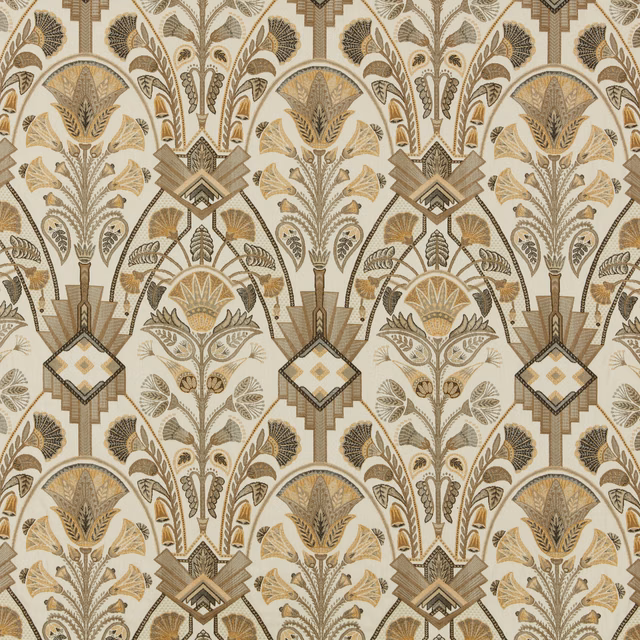 Opal beige patterned fabric with gold and taupe Art Deco motifs