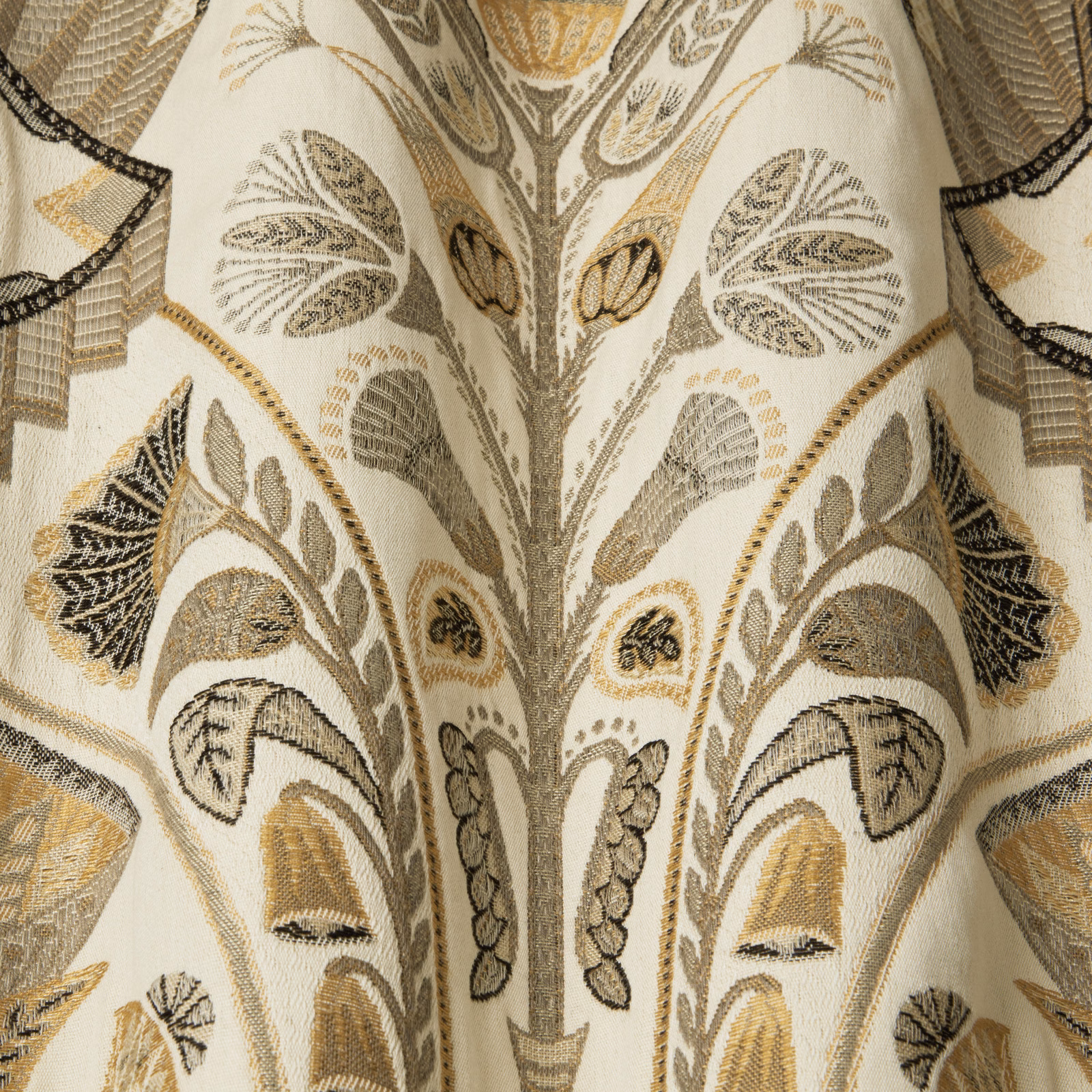 Opal ivory botanical fabric with taupe, gold and black embroidered leaves