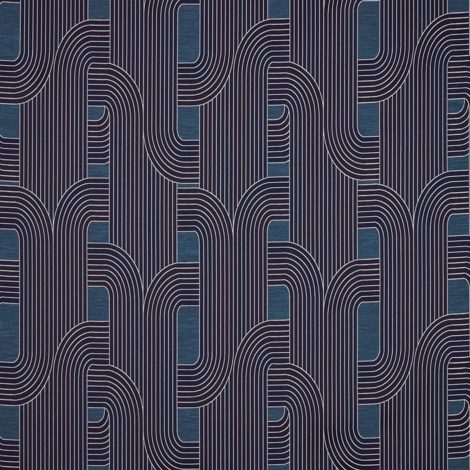 Geometric fabric swatch in deep navy, teal blocks and fine pale stripe outlines