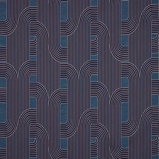 Geometric fabric swatch in deep navy, teal blocks and fine pale stripe outlines