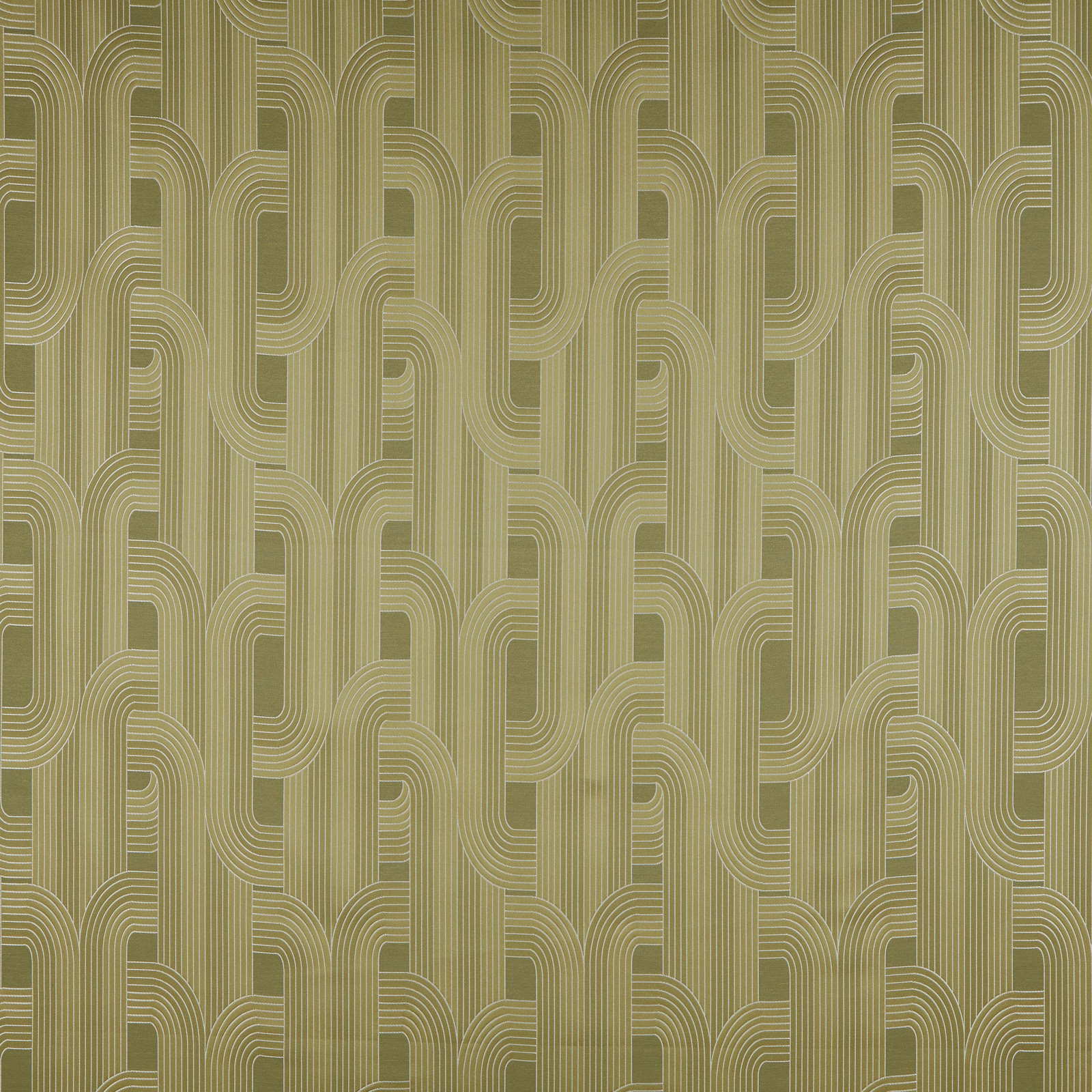 Olive green geometric woven fabric with pale curved line pattern