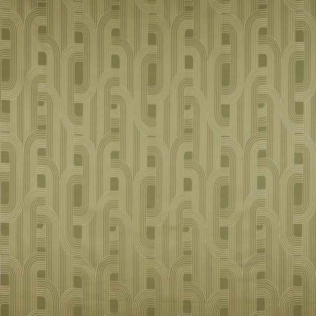 Olive green geometric woven fabric with pale curved line pattern
