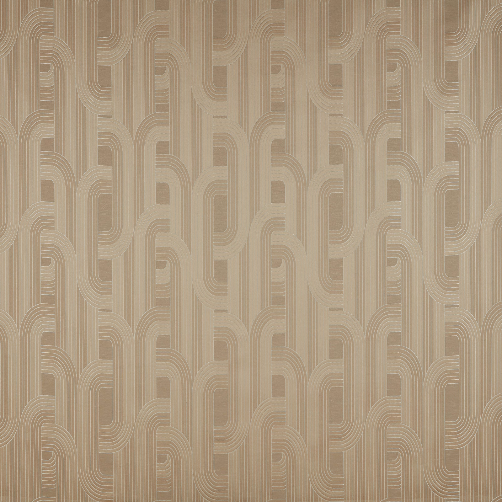 Beige geometric fabric swatch with linked loop pattern and fine tonal stripes