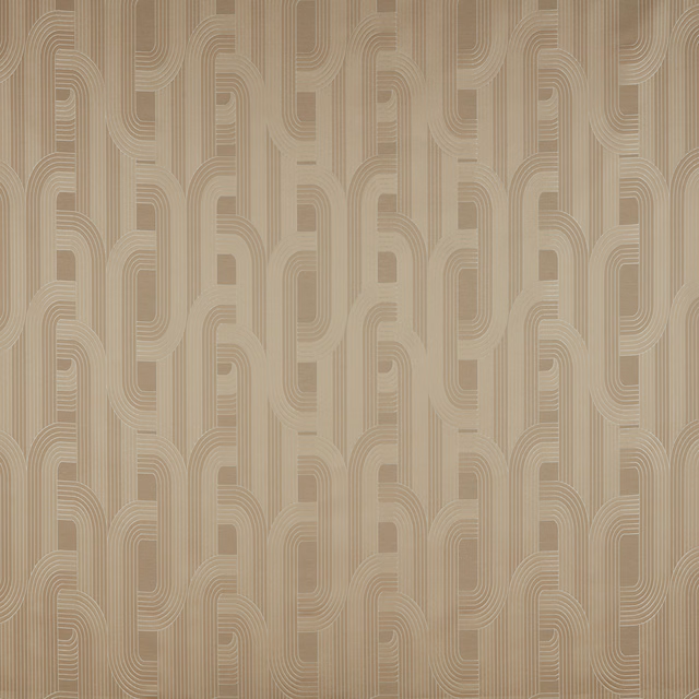 Beige geometric fabric swatch with linked loop pattern and fine tonal stripes