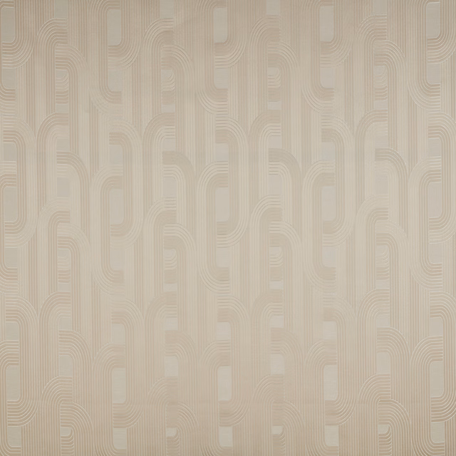Pearl cream geometric fabric with raised linear arches and subtle sheen