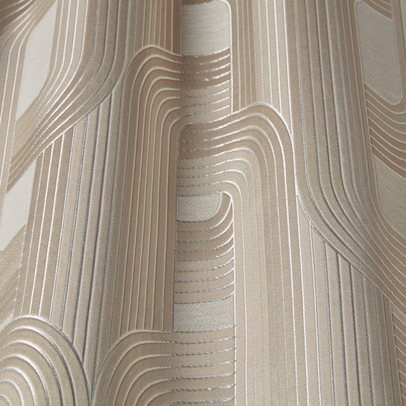 Pearl cream wavy patterned fabric with soft sheen and vertical stripe texture