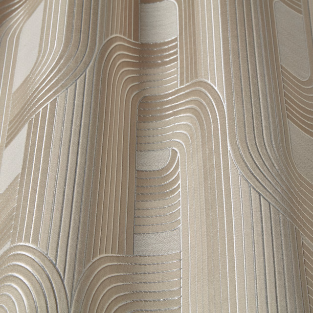 Pearl cream wavy patterned fabric with soft sheen and vertical stripe texture