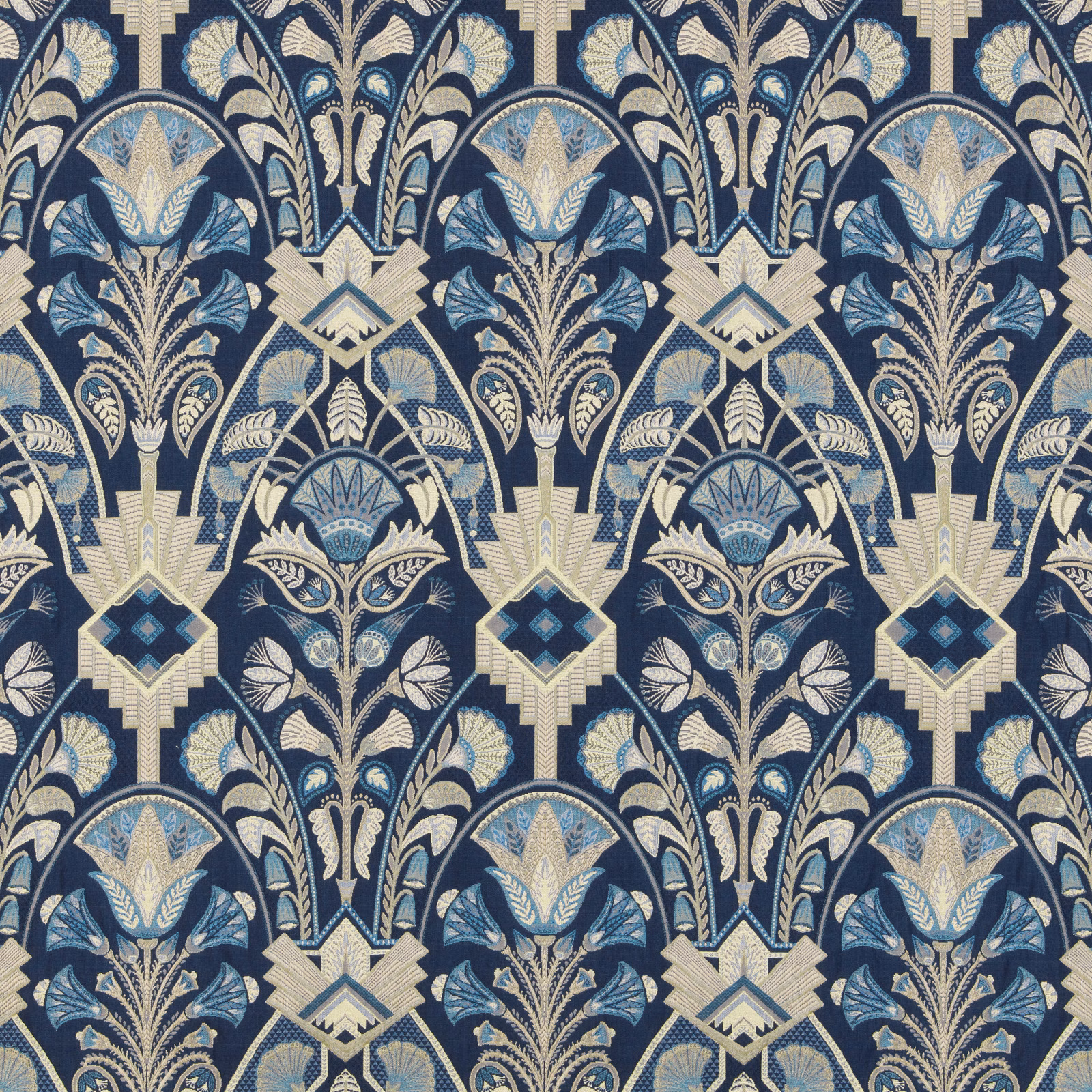 Sapphire blue damask fabric with ivory and pale blue motifs