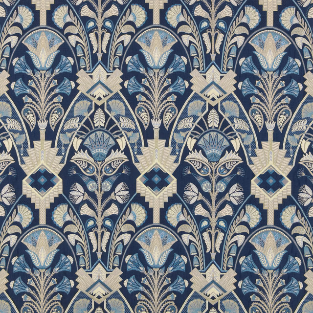 Sapphire blue damask fabric with ivory and pale blue motifs