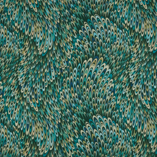Abstract feathered teal and emerald fabric with cream teardrop motifs