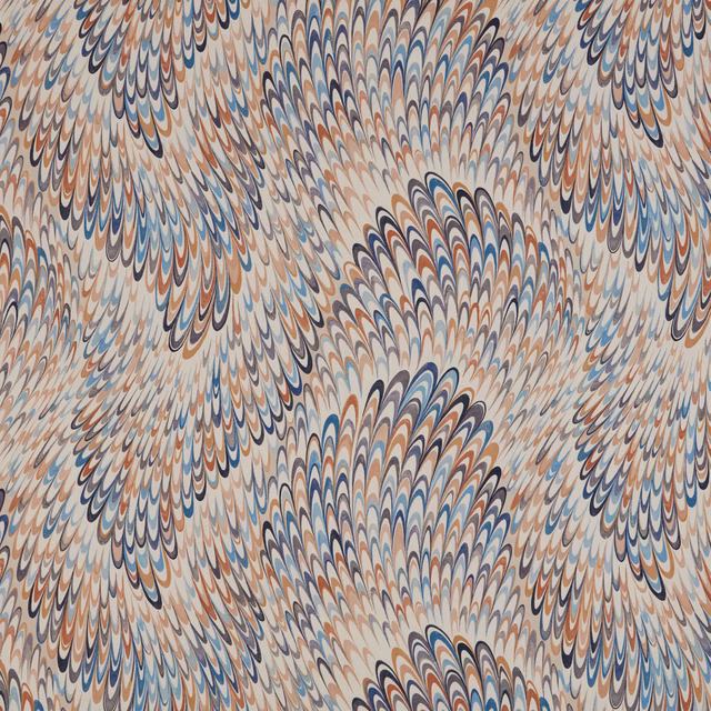 Large feathered repeat fabric in ivory, blue, navy and terracotta tones