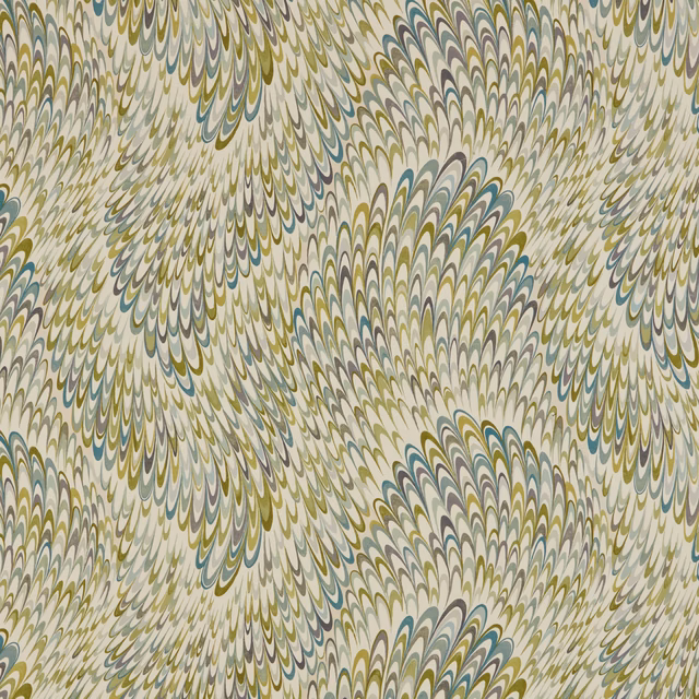 Abstract feathered fan fabric in moss, teal, olive and beige on a pale ground